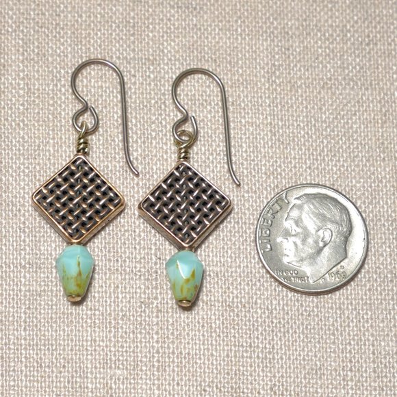 Hand Crafted Handmade Earrings Woven Copper Beads Aqua Czech Glass Beads - Picture 3 of 5